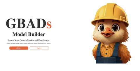 Landing page of the GBADs Model Builder: the title GBADs Model Builder with the tagline Access Your Custom Models and Dashboards, Login and Register buttons, and a cartoon chick wearing a yellow hard hat and blue overalls.