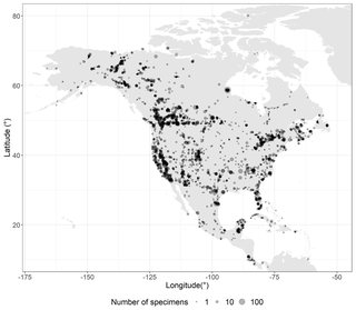 Map of North America with circles showing where the butterfly specimens were collected; bigger circles mean more specimens.
