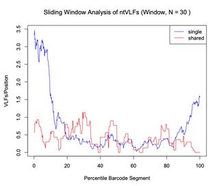 Line plot of very low frequency variants per position along a DNA barcode, in a sliding window: the blue line (single) starts above 3 at the start of the barcode, falls below 1 by about the 15th percentile and rises again at the very end; the red line (shared) stays between 0 and 1.
