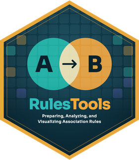 RulesTools package logo: a hexagon showing two overlapping circles, A and B, joined by an arrow, above the tagline Preparing, Analyzing, and Visualizing Association Rules